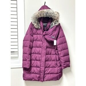 NWT Lands End Womens Max 600 Down Puffer Coat Faux Fur w Scarf SZ L Burgundy Red